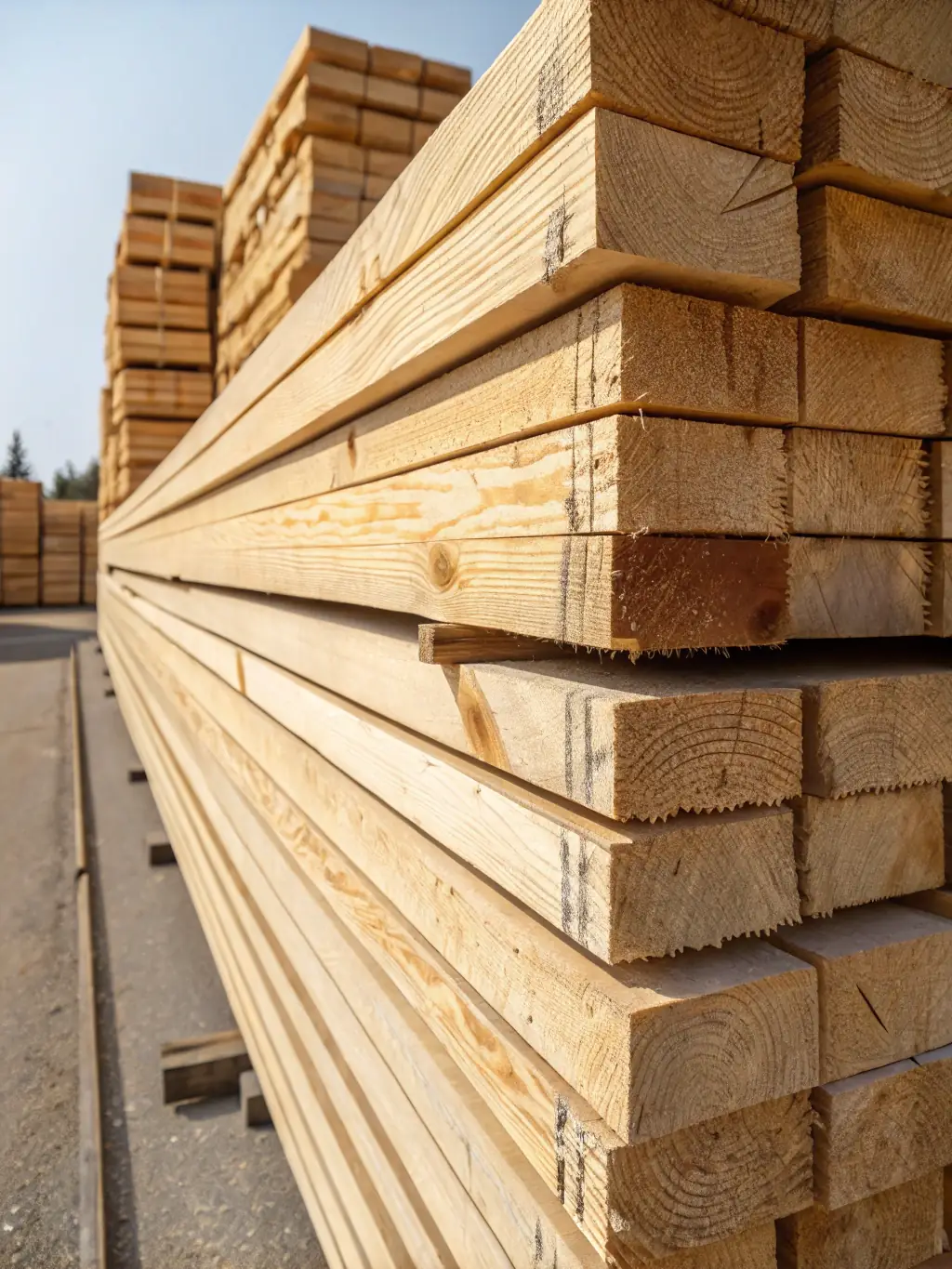 An image showing large rough cut timber beams stacked in the yard, highlighting the size and quality of Beaver Run Lumber's rough cut timber.
