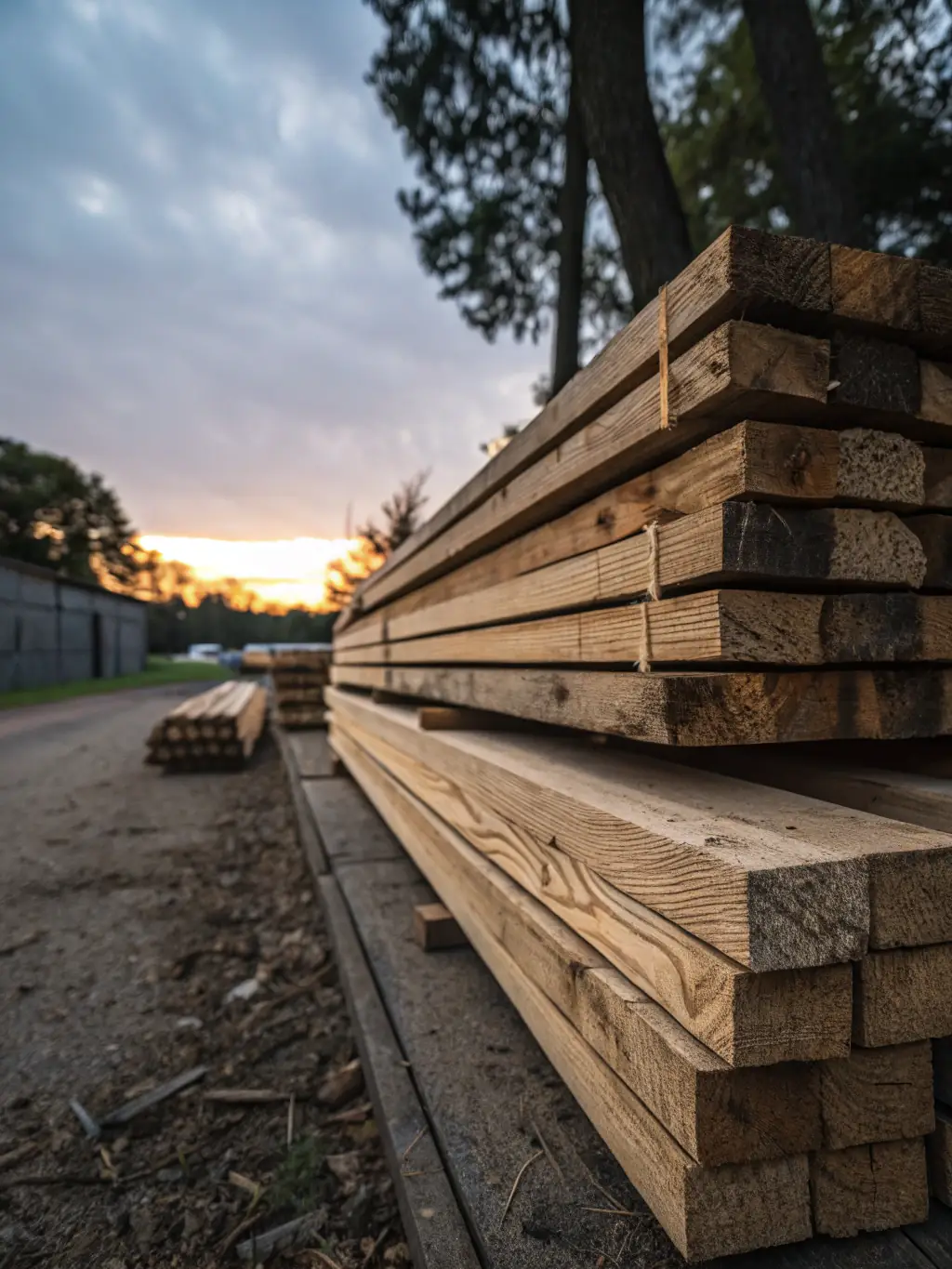 A stack of freshly cut rough timber, showcasing the natural grain and texture of the wood, placed outdoors in the Beaver Run Lumber yard.