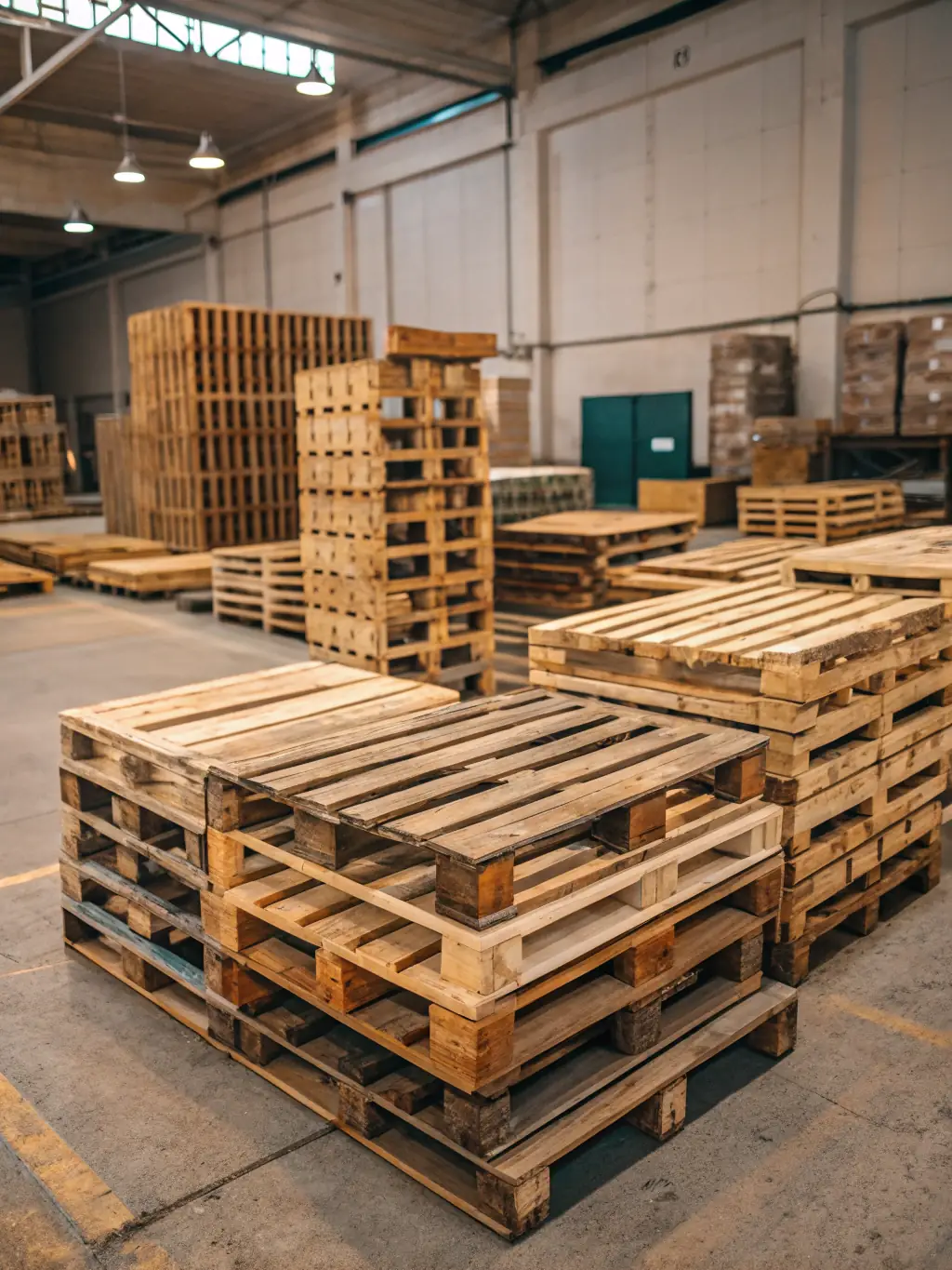 A neatly arranged stack of wooden battens and pallets, demonstrating their sturdy construction and utility, photographed in a warehouse setting.